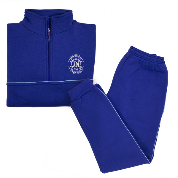 A photo of the Our Lady's Grove Goatstown Tracksuit in Royal, pictured are the tracksuit top & tracksuit bottom with embroidered school crest on left chest.