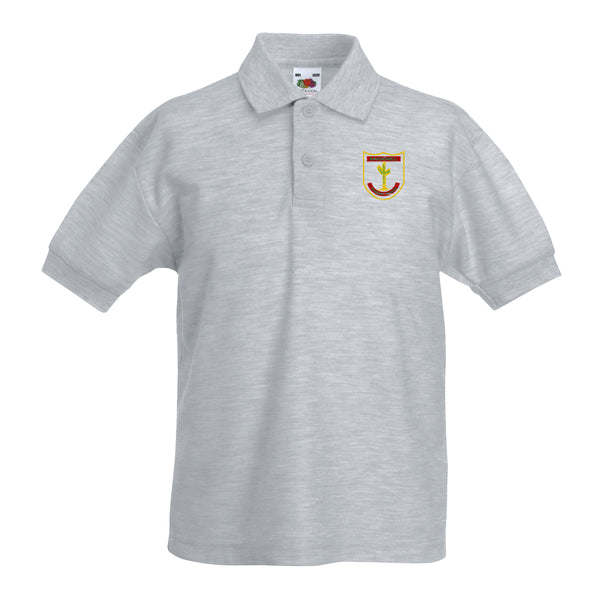 Photo of the Ravenswell School Polo Shirt in Grey, with embroidered School Crest on the left chest