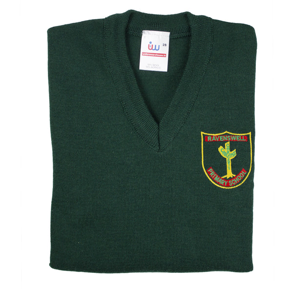 A phot of the Ravenswell School Pullover in Green with embroidered School Crest