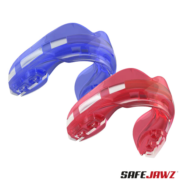 A photo of the SAFEJAWZ Ortho Series Self-Fit Mouthguard for Braces, image shows both Ice Blue and Ice Pink colour options.