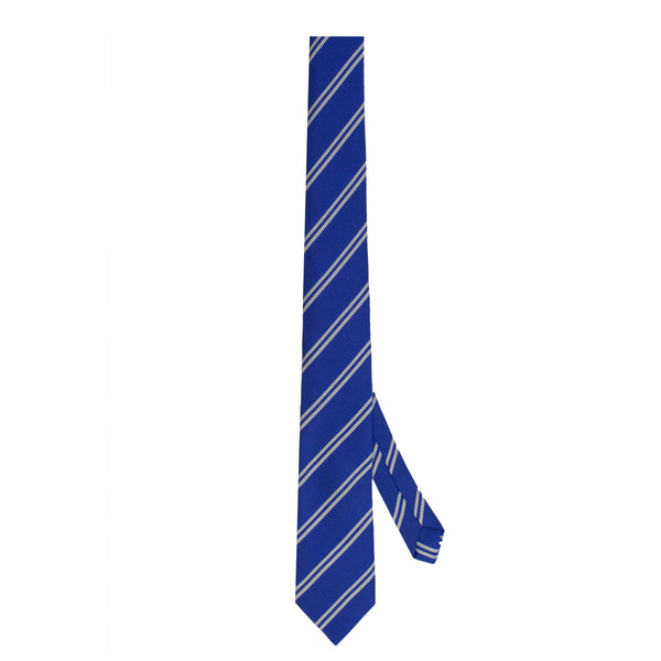 A photo of the St. Mary's N.S. Donnybrook Self Tie in Navy with thin White diagonal stripe.
