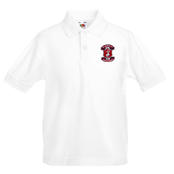 A photo of the St. Mary's Donnybrook Polo in white with embroidered School Crest on left chest