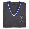 Pictured is the Star of the Sea Sandymount Pullover in Grey with blue & white piping detail on collar