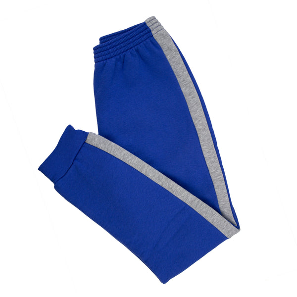 Pictured is the Star of the Sea Sandymount Tracksuit Bottom in Royal with grey inset stripe down each side of the leg.