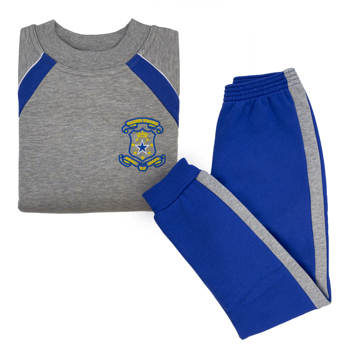 Pictured is the Star of the Sea Sandymount Tracksuit. Grey Tracksuit Top with Royal Tracksuit Pant.