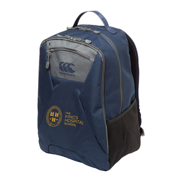A photo of the King's Hospital Backpack in Navy, with embroidered school crest at front center