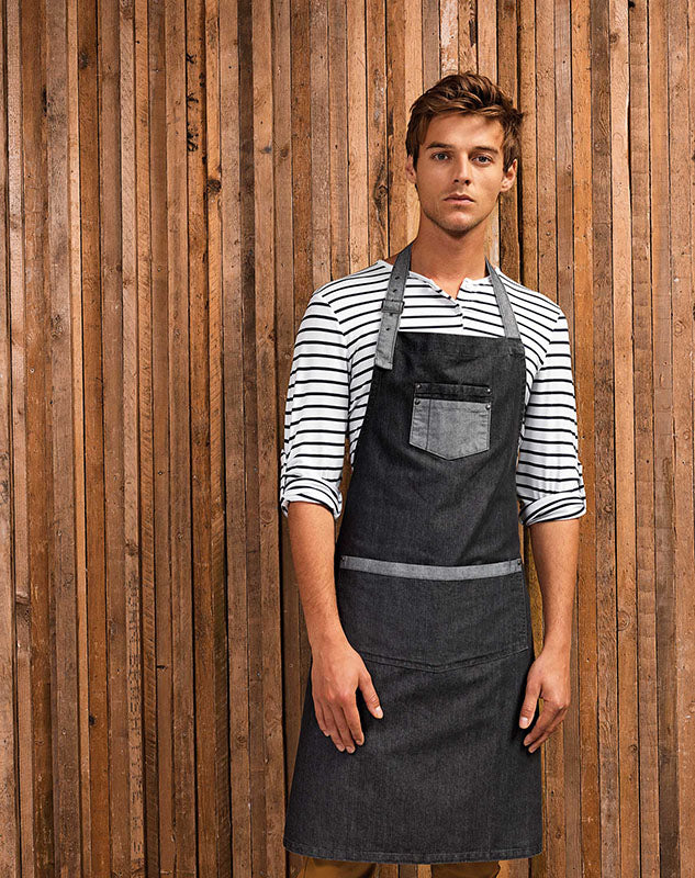 Model wearing the Domain Contrast Denim Bib Apron