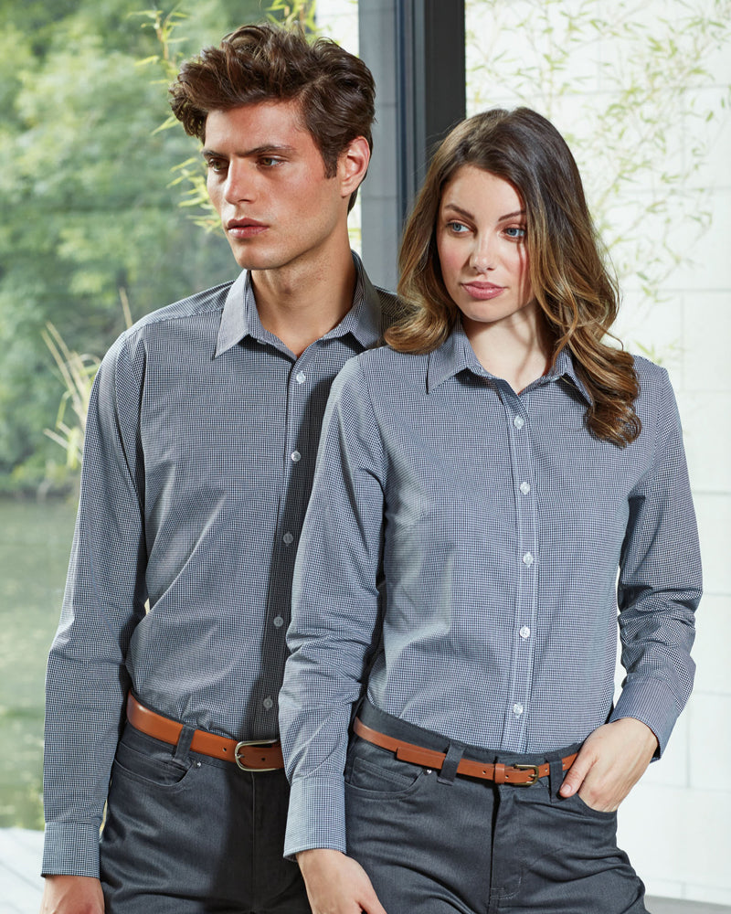 Ladies' Microcheck Gingham Long Sleeve cotton Shirt