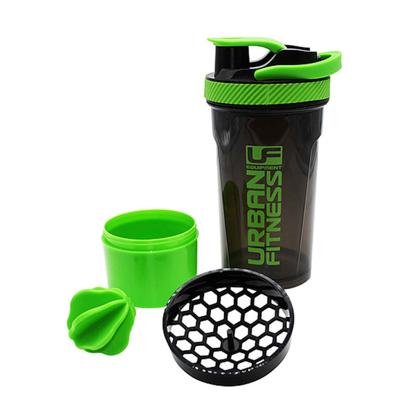 A picture of The UFE 2in1 Protein Shaker is a premium shaker complete with dual mixing technology to ensure an efficient mix. The 200ml screw on base container provides ideal storage for an additional protein powder or tablets. The fold flat carry handle and silicone grip on the lid adds that five star feel to this protein shaker, colour black green