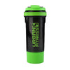 A picture of The UFE 2in1 Protein Shaker is a premium shaker complete with dual mixing technology to ensure an efficient mix. The 200ml screw on base container provides ideal storage for an additional protein powder or tablets. The fold flat carry handle and silicone grip on the lid adds that five star feel to this protein shaker, colour black green