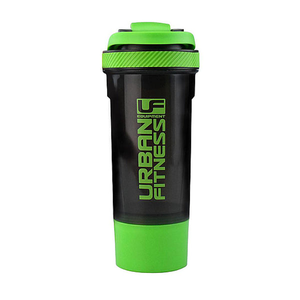 A picture of The UFE 2in1 Protein Shaker is a premium shaker complete with dual mixing technology to ensure an efficient mix. The 200ml screw on base container provides ideal storage for an additional protein powder or tablets. The fold flat carry handle and silicone grip on the lid adds that five star feel to this protein shaker, colour black green