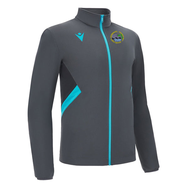 A photo of the Celbridge Tennis Club 'Raijin' Full Zip in colour Anthracite/Neon Sky with club crest on left chest. Side view.
