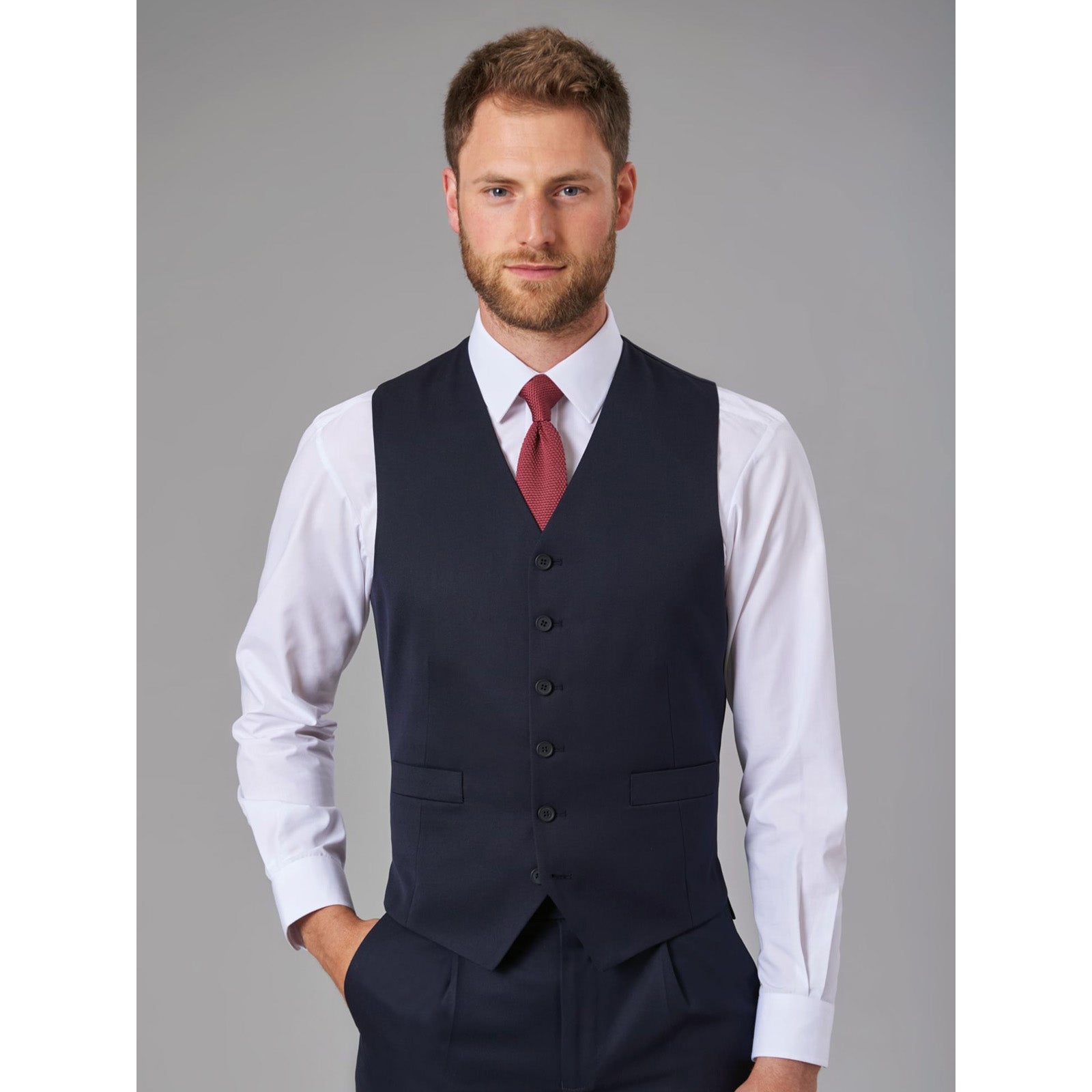 Photo of model wearing Brook Taverner Gamma Mens Waistcoat in Navy, front view