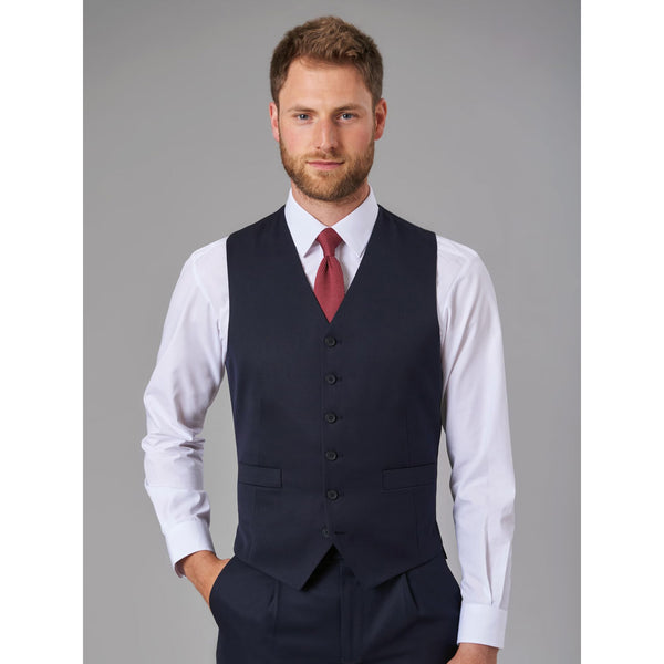 Photo of model wearing Brook Taverner Gamma Mens Waistcoat in Navy, front view