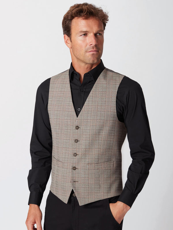 Model wearing Brook Taverner 'Emilio' waistcoat in Grey/Check