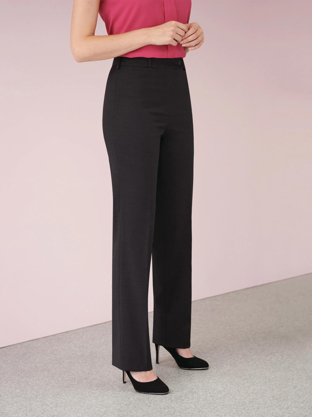 Model wearing Brook Taverner Varese Straight Leg Trouser in Charcoal 