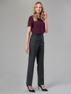 Model wearing Brook Taverner Varese Straight Leg Trouser in Charcoal Pinstripe