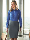 Model wearing Brook Taverner Numana Straight Skirt in Light Grey Front