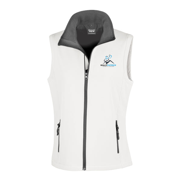 A photo of the Ballypatrick Sports Centre Ladies Softshell Bodywarmer in White, with embroidered club crest on left chest.