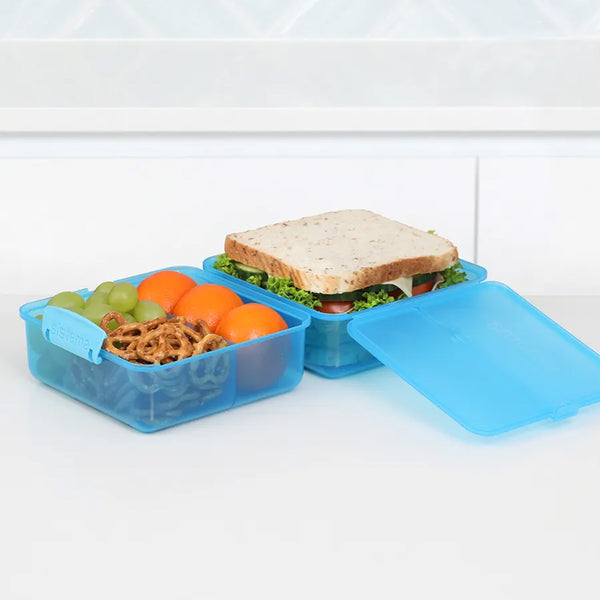 A photo of the Sistema 1.4L Lunch Cube, photographed with lunch options packed.