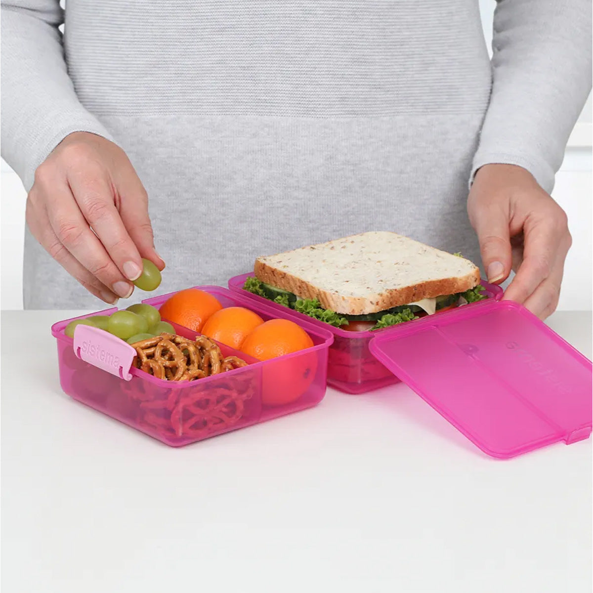 A photo of the Sistema 1.4L Lunch Cube, photographed with lunch options packed.