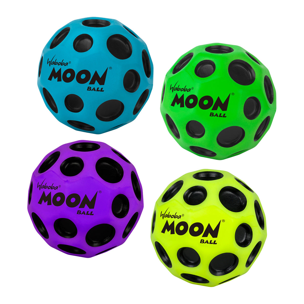 A photo of the Waboba Original Moon Ball in 4 different colours, purple green, blue, fluor green