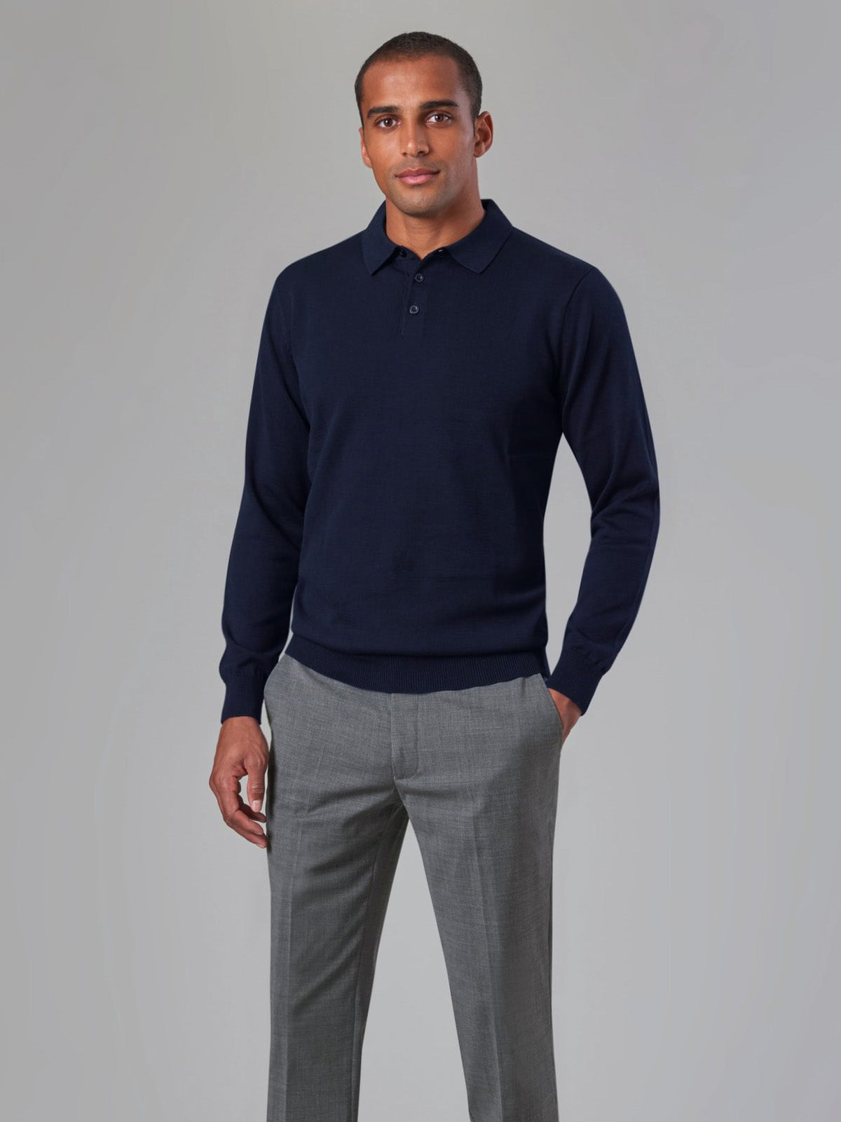 Model Wearing Brook Taverner Casper Knit Polo in Navy