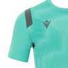 Photo of the Irish Squash 'Rodders' Match Day Shirt in Turquoise, close up of the shoulder with Macron Sports logo