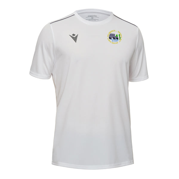 A photo of the Celbridge Tennis Club 'Rigel Hero' T-Shirt in White, with club crest on left chest. Side view.