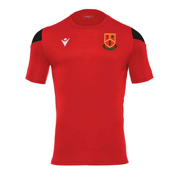 A photo of the CBC Monkstown Park T-Shirt in Red width school crest on left chest. Front view.