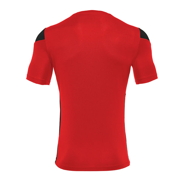 A photo of the CBC Monkstown Park T-Shirt in Red width school crest on left chest. Back view.