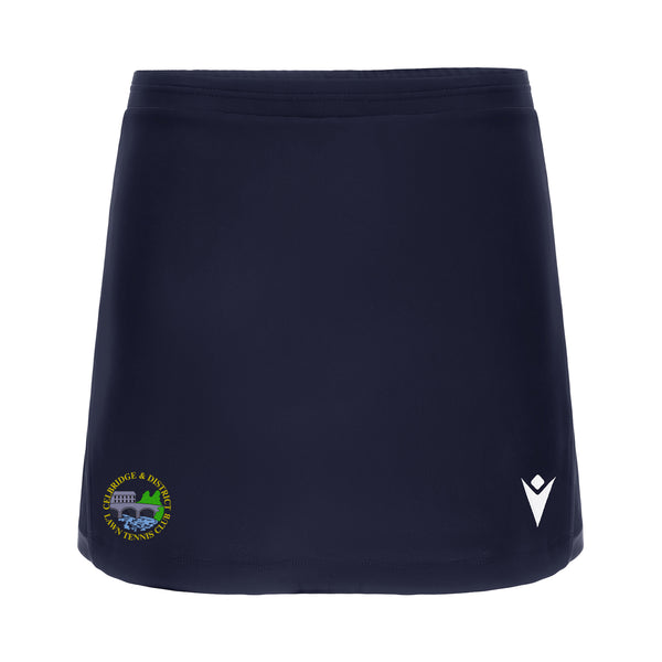 A photo of the Celbridge Tennis Club Ladies Inuit Skort in Navy with club crest on right leg.