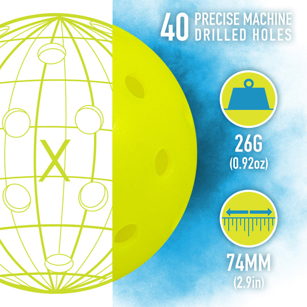 An image of the X-40 Pickleball specs; 40 machine deilled holes, 26grams, 74mm circumference