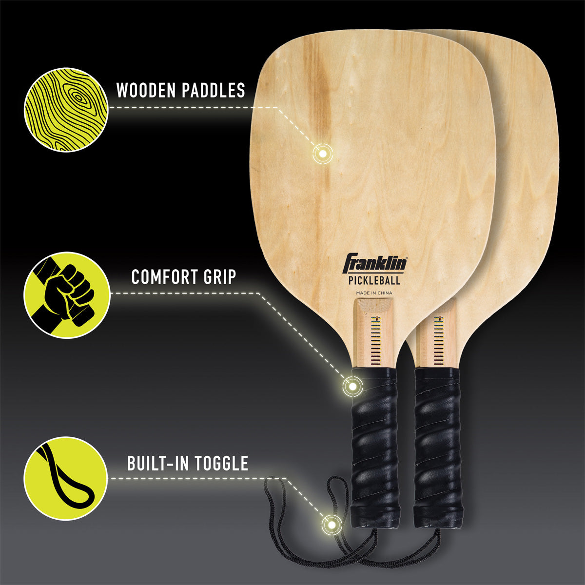 A photo of the Franklin Pickleball 2 Player Court wooden paddles.