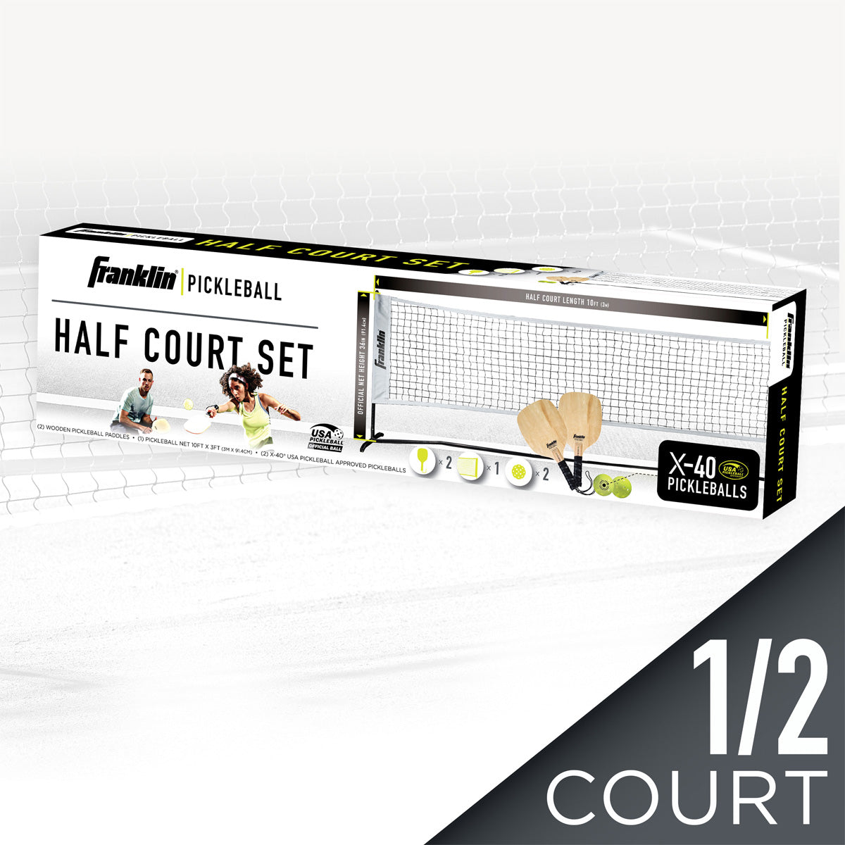 A photo showing the Franklin Pickleball 2 Player Court Net showing the contents of the set, boxed