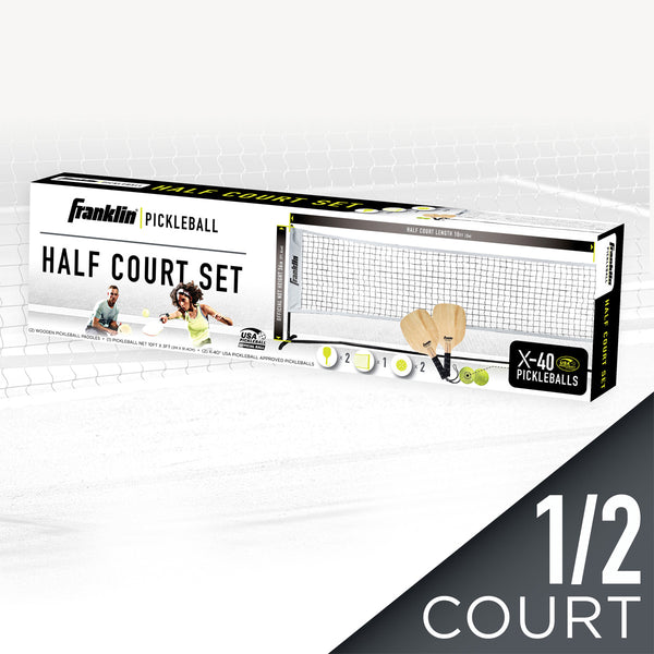 A photo showing the Franklin Pickleball 2 Player Court Net showing the contents of the set, boxed