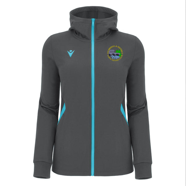 A photo of the Celbridge Tennis Club Ladies Bastet Full Zip Top in Anthracite/Neon Sky with club crest on left chest.
