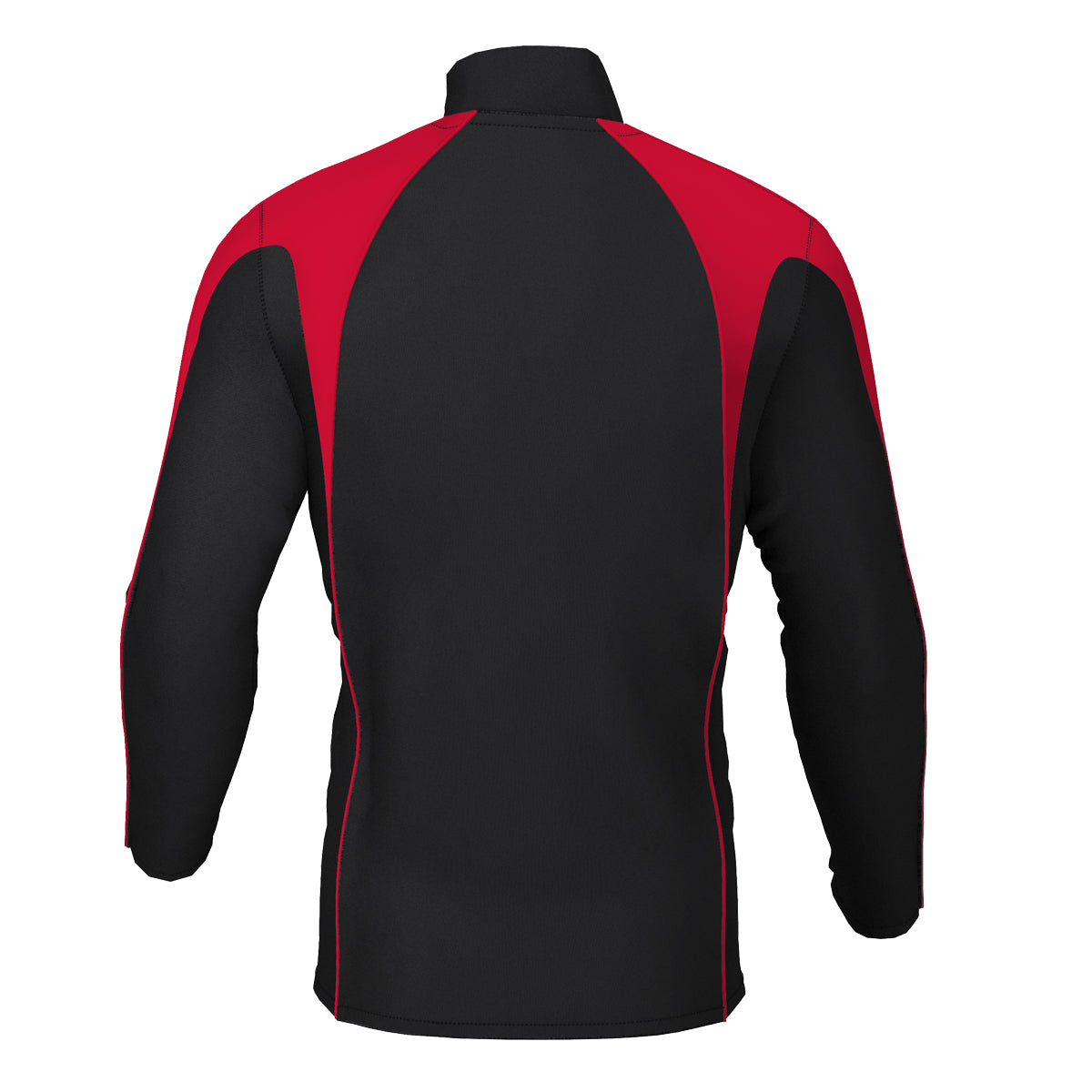 A photo of the Monkstown Park Junior School Midlayer in Black with red ascents on shoulders. Back view.