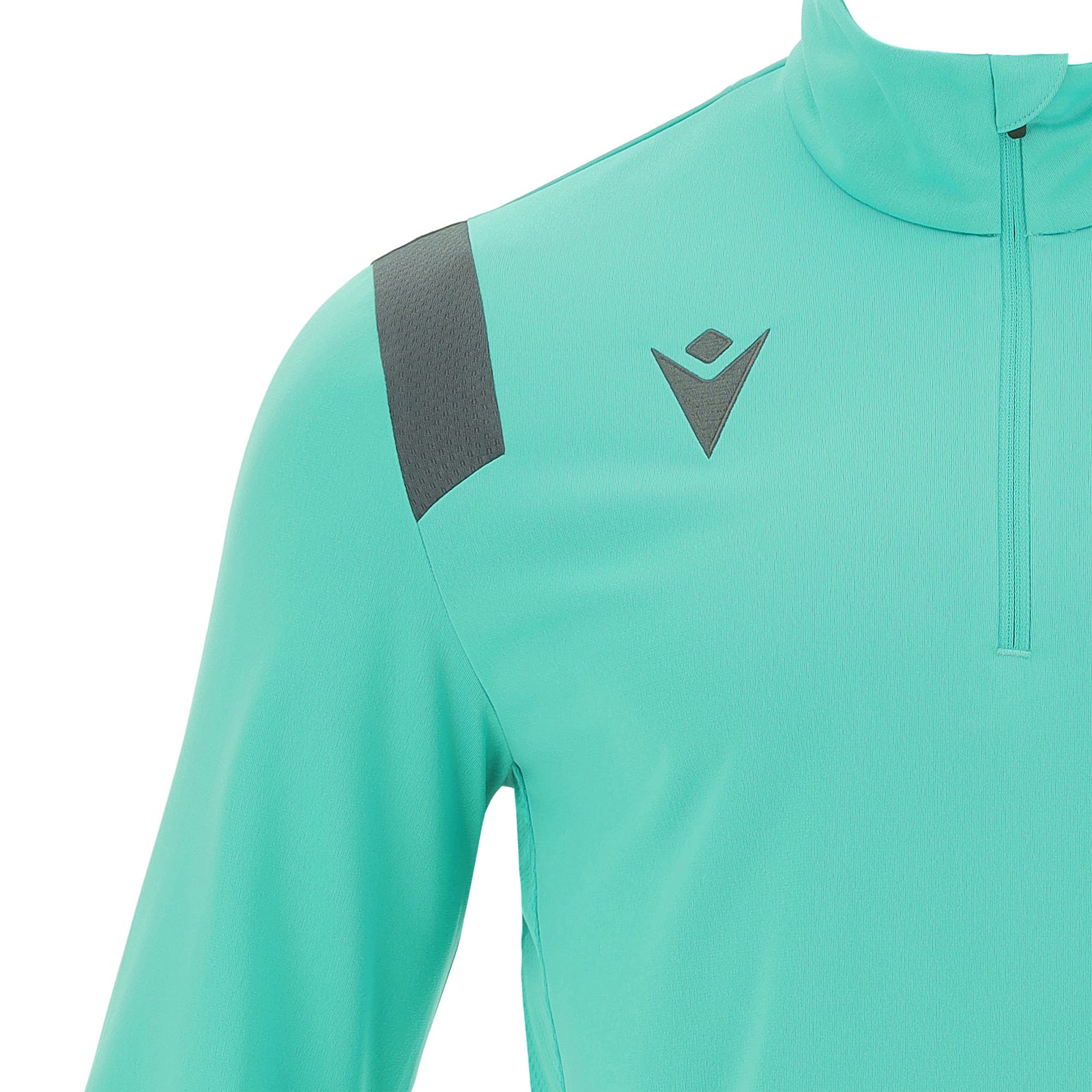 Photo of the Irish Squash 'Gange' 1/4 Zip Tracksuit Top in Turquoise, close up of shoulder detail, with Macron embroidered logo