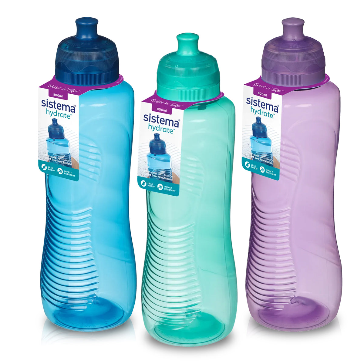 A photo of the Sistema 800ml Gripper Bottle in colour options blue, green & purple.