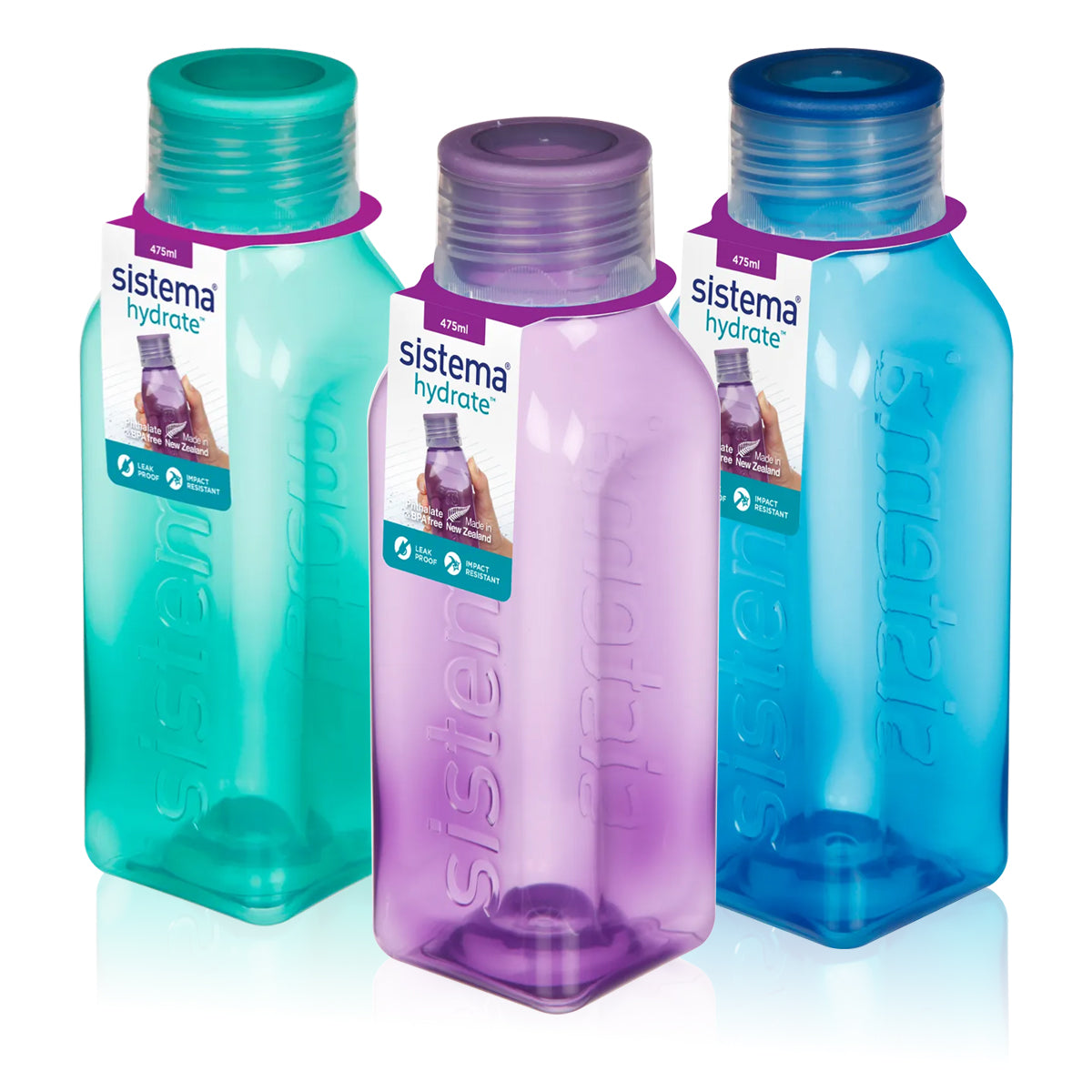 A photo of the Sistema 475ml Square in clours, Green, Purple & Blue.