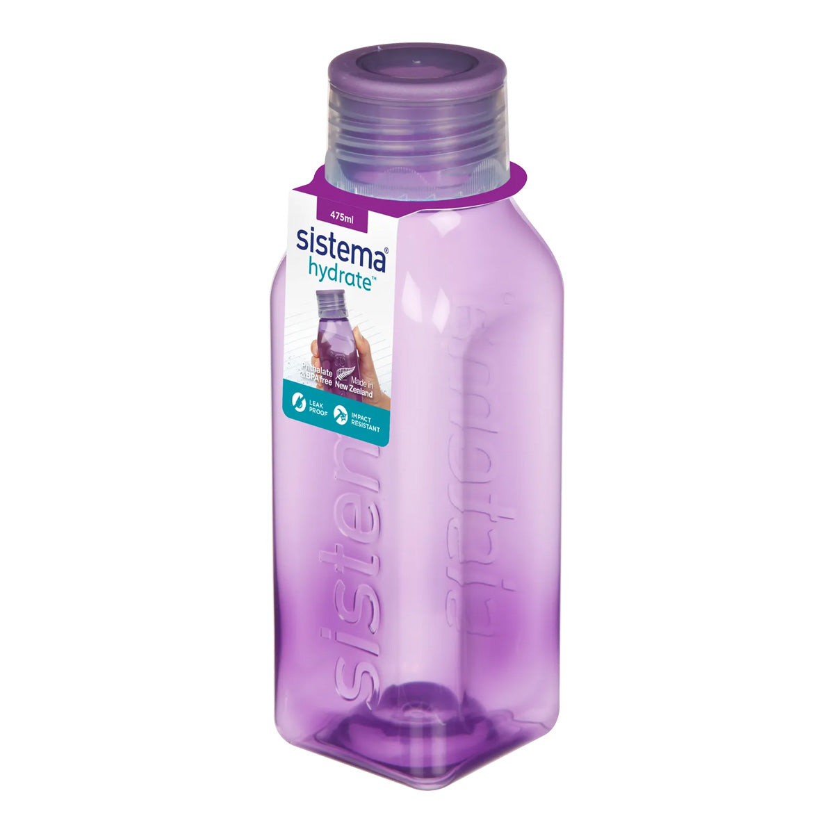 A photo of the Sistema 725ml Square Bottle in colour purple.