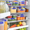 A photo of the Sistema 6 Pack Essentials Food Storage Containers stacked neatly in the fridge.