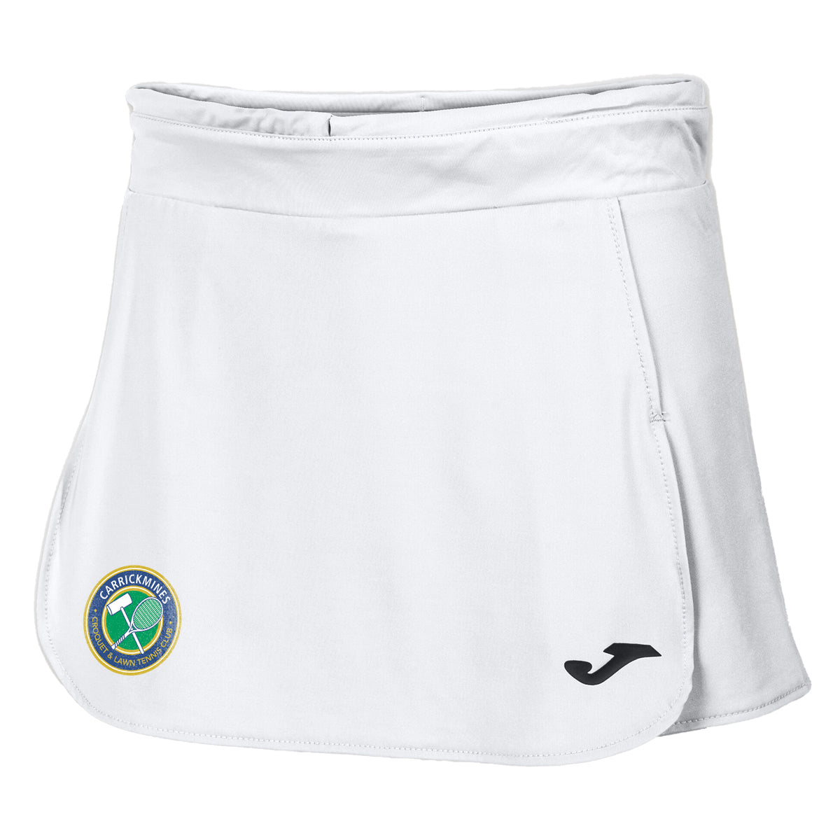 A photo of the Carrickmines Ladies 'Open II' Tennis Skirt in White with embroidered Carrickmines LTC crest on right leg.