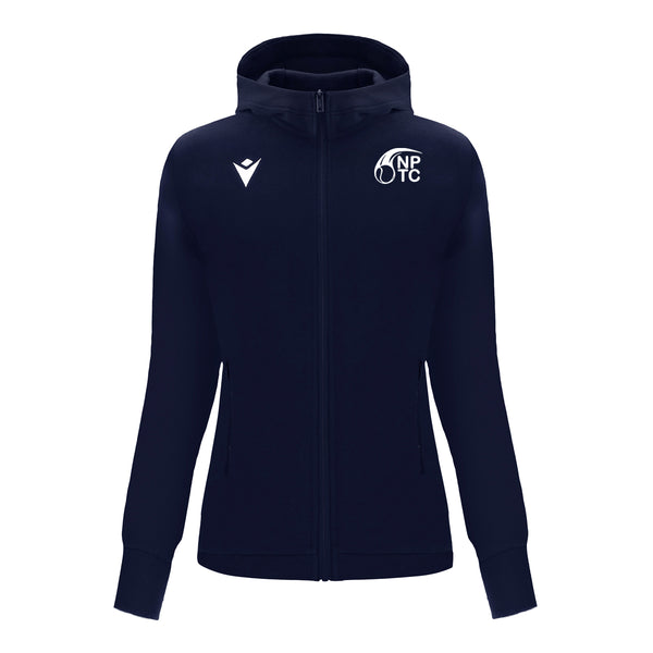 A photo of the Newtown Park Tennis Club 'Drum' Zipped Hooded Sweatshirt in Navy, with embroidered club crest on left chest. Front view