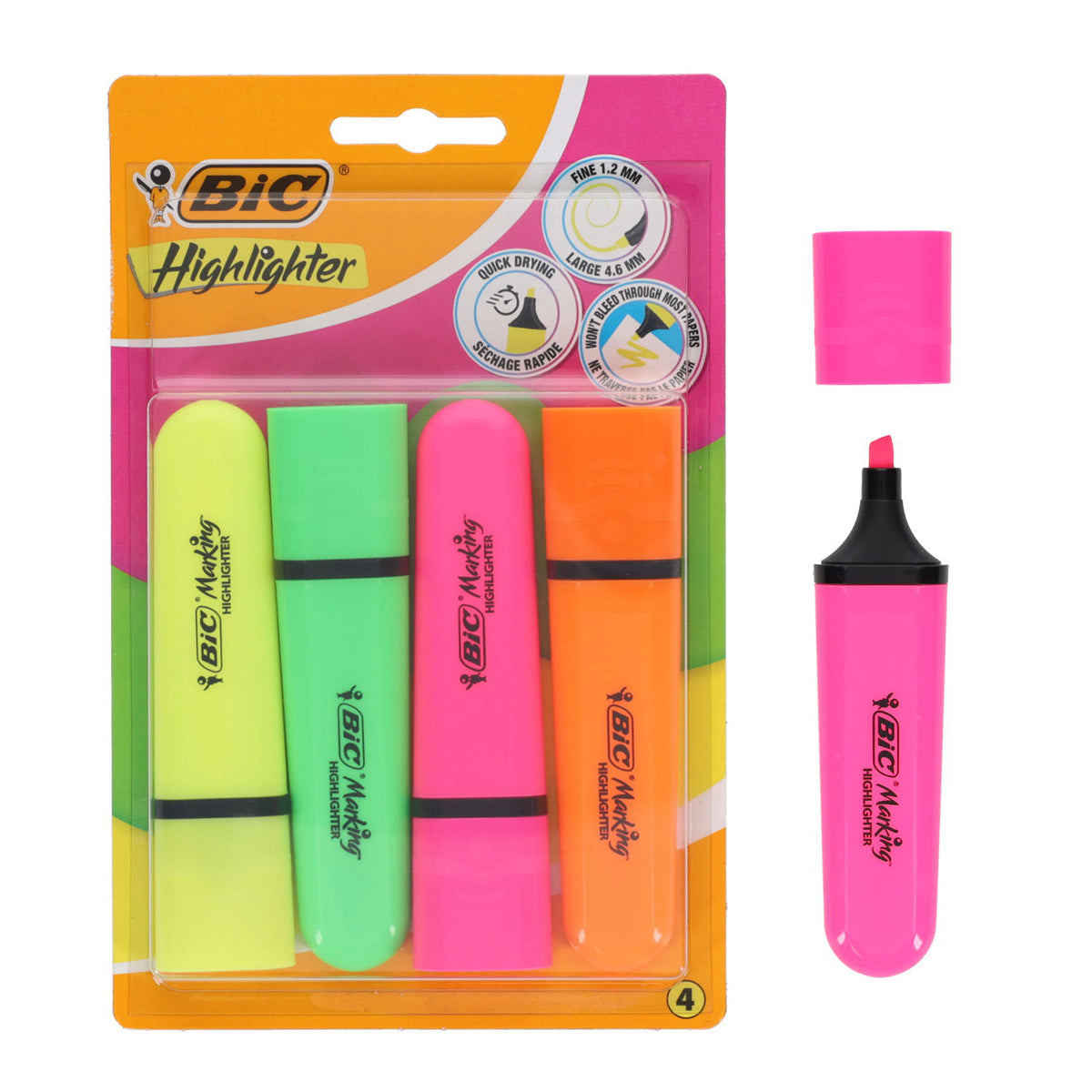 A photo of the BIC Pkt4 Flat Highlighters,Carded