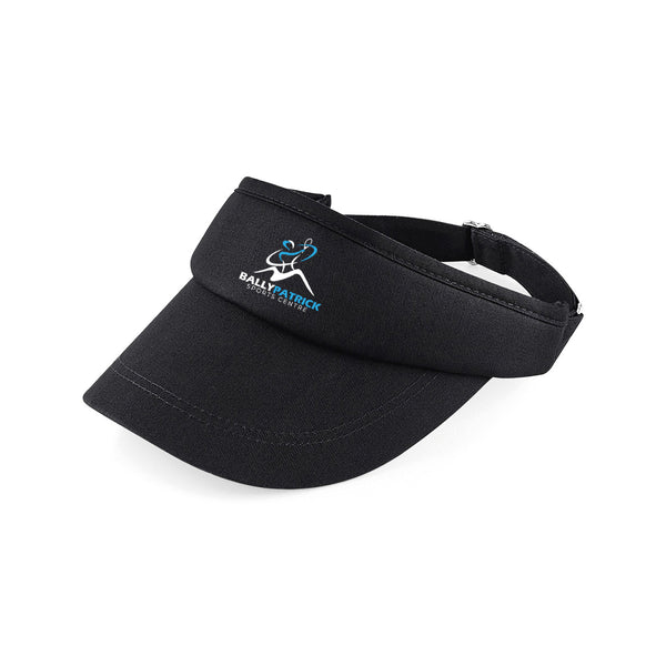 A photo of the Ballypatrick Sports Center Visor Hat in Black with embroidered crest on front.