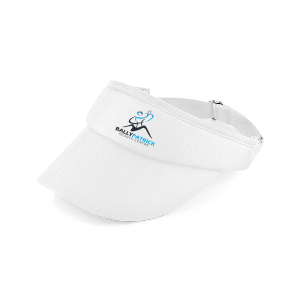 A photo of the Ballypatrick Sports Center Visor Hat in White with embroidered crest on front.