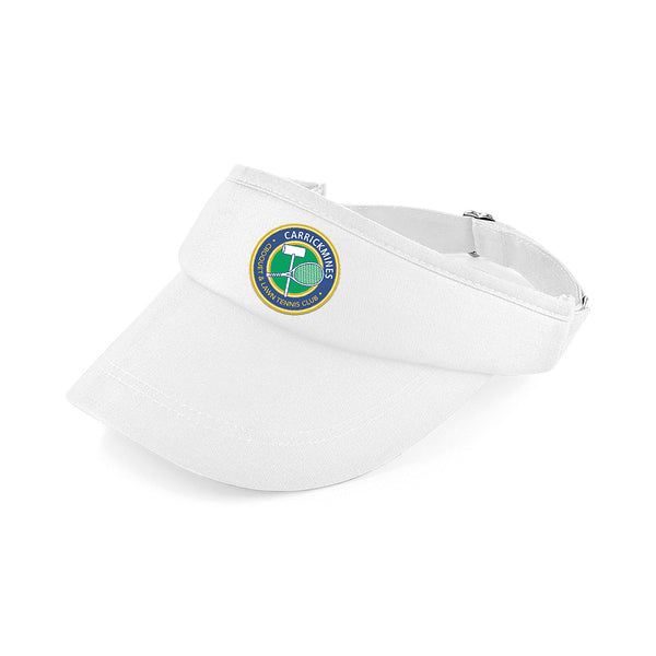 A photo of the Carrickmines CLTC Sports Visor in Whidte with printed club crest front center.