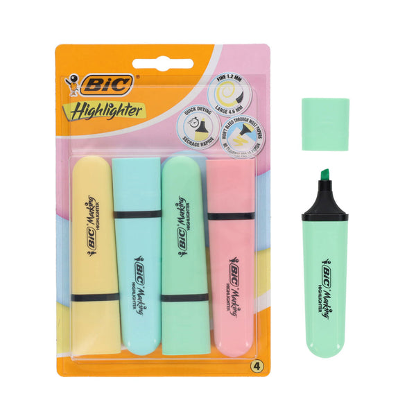 A photo of the Bic Pkt.4 Flat Pastel Highlighters with pastel colours, yellow, blue, freen & pink.